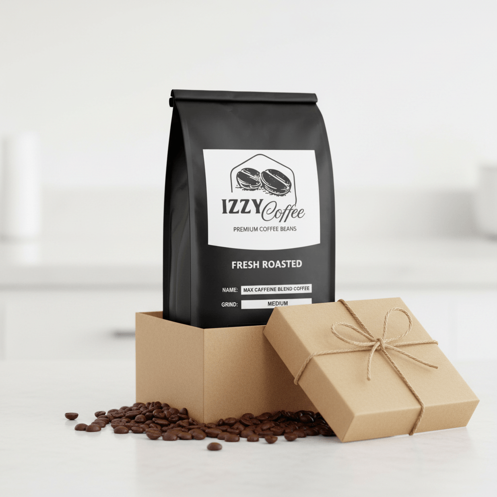 Max Caffeine Blend Coffee Izzy Coffee fresh roasted coffee lifestyle image for brewing and gifting