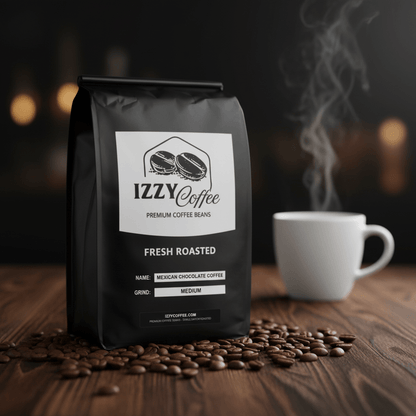 Mexican Chocolate Coffee Izzy Coffee fresh roasted coffee lifestyle image for brewing and gifting