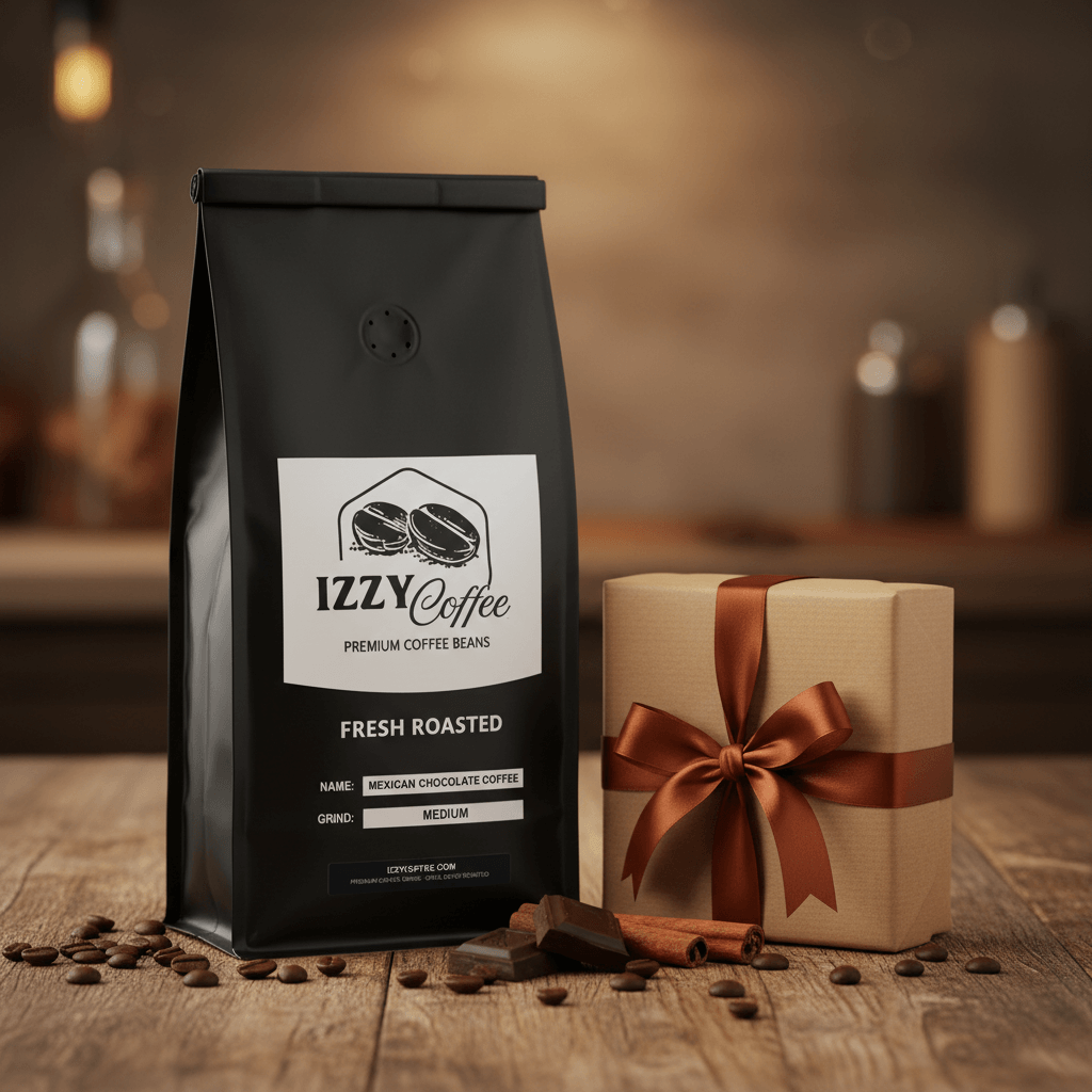 Mexican Chocolate Coffee Izzy Coffee fresh roasted coffee lifestyle image for brewing and gifting