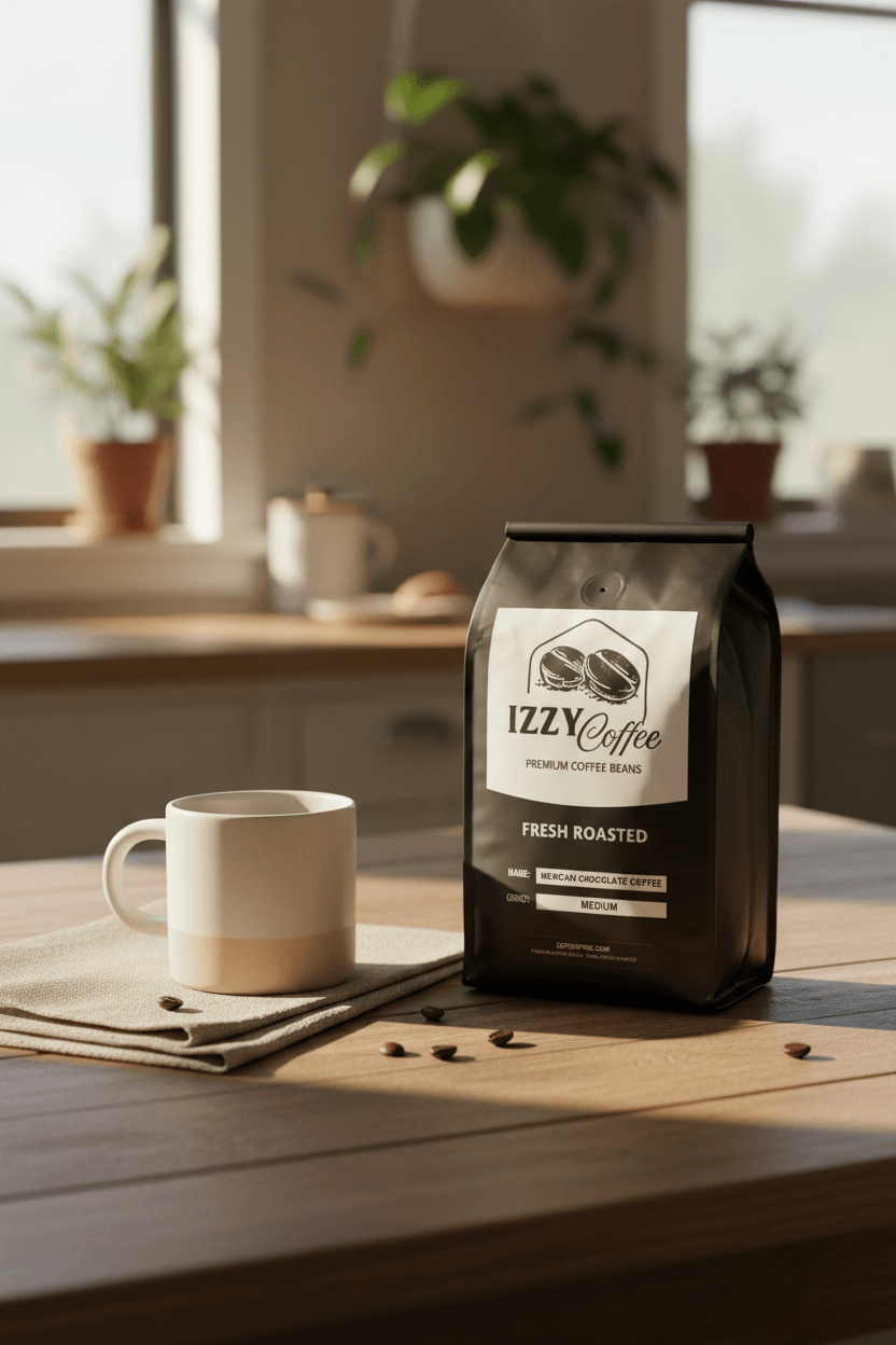 Mexican Chocolate Coffee Izzy Coffee fresh roasted coffee lifestyle image for brewing and gifting