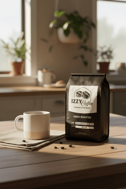 Mexican Chocolate Coffee Izzy Coffee fresh roasted coffee lifestyle image for brewing and gifting