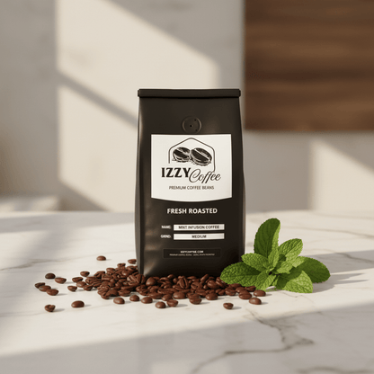 Mint Infusion Coffee Izzy Coffee fresh roasted coffee lifestyle image for brewing and gifting