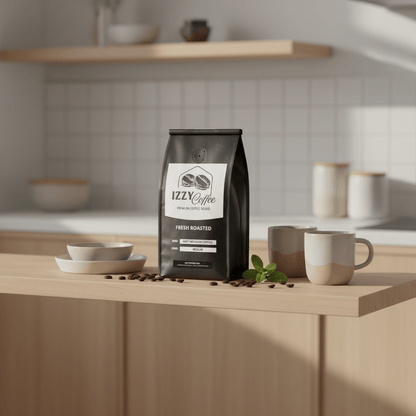 Mint Infusion Coffee Izzy Coffee fresh roasted coffee lifestyle image for brewing and gifting