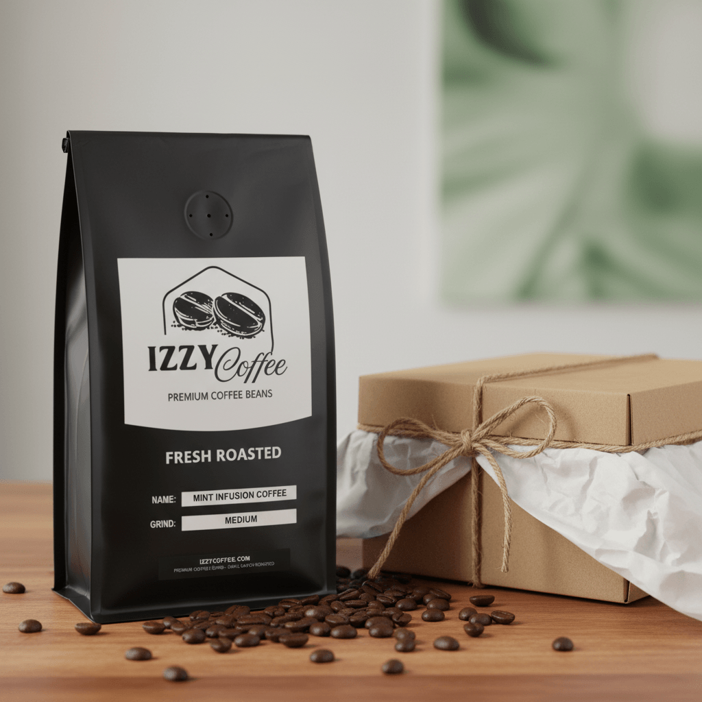 Mint Infusion Coffee Izzy Coffee fresh roasted coffee lifestyle image for brewing and gifting