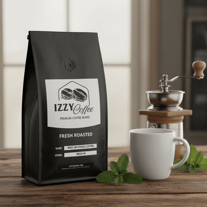 Mint Infusion Coffee Izzy Coffee fresh roasted coffee lifestyle image for brewing and gifting