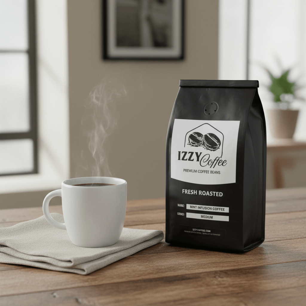 Mint Infusion Coffee Izzy Coffee fresh roasted coffee lifestyle image for brewing and gifting