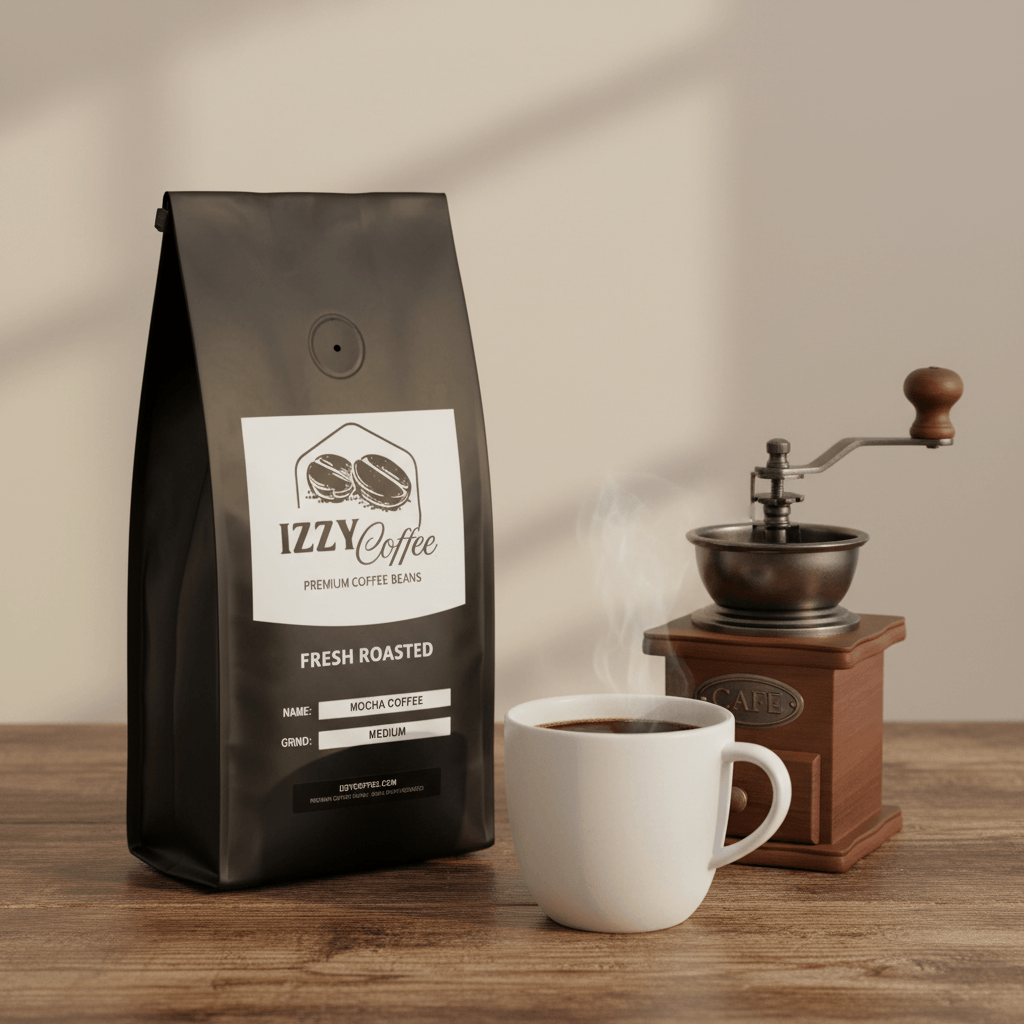 Mocha Coffee Izzy Coffee fresh roasted coffee lifestyle image for brewing and gifting