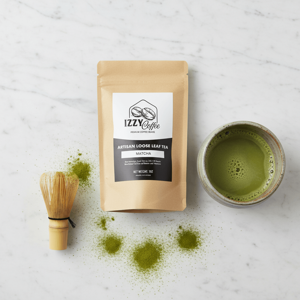 Organic Ceremonial Matcha Green Tea Powder Izzy Coffee premium matcha tea powder lifestyle image for brewing and gifting