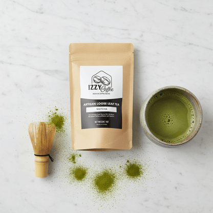 Organic Ceremonial Matcha Green Tea Powder Izzy Coffee premium matcha tea powder lifestyle image for brewing and gifting