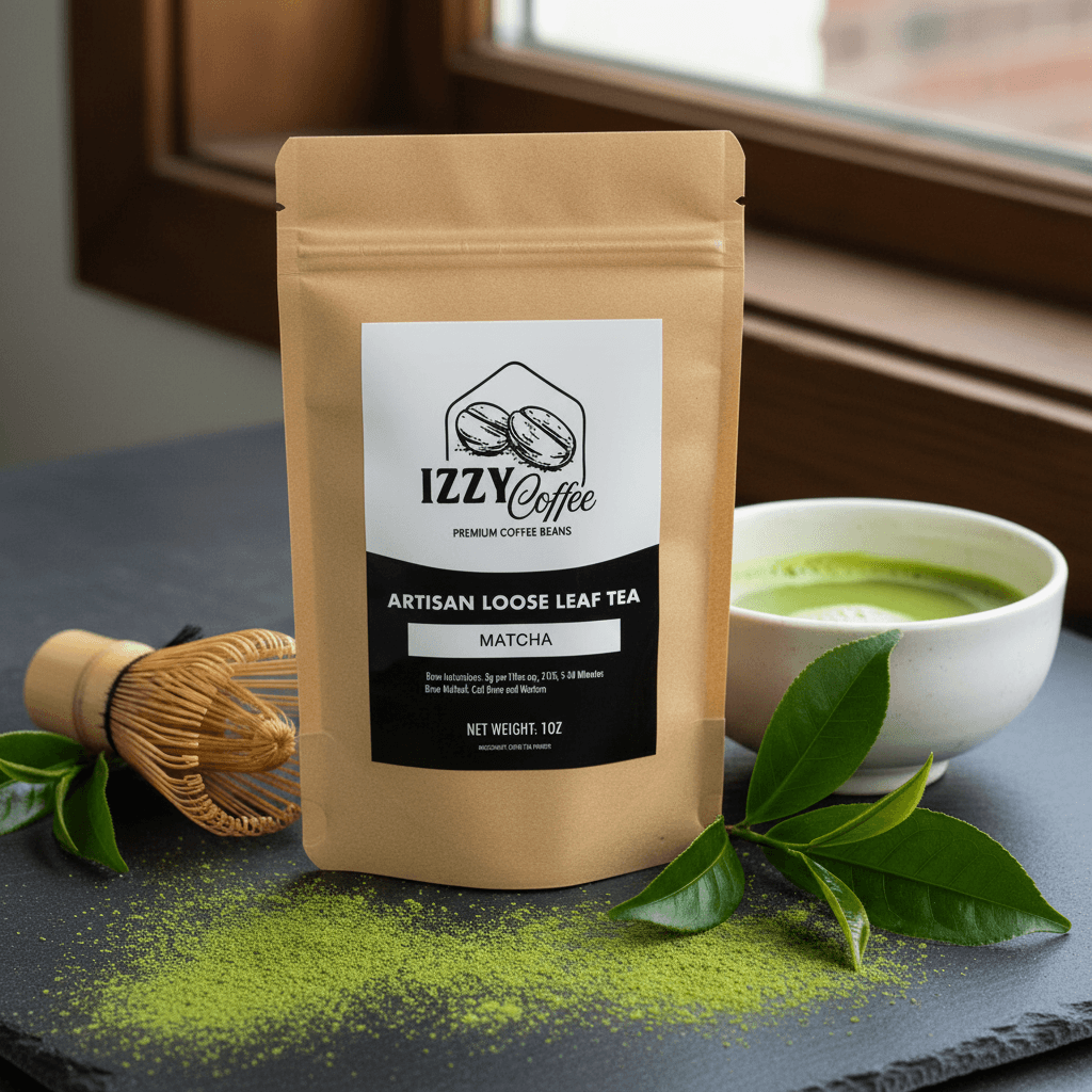 Organic Ceremonial Matcha Green Tea Powder Izzy Coffee premium matcha tea powder lifestyle image for brewing and gifting