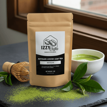 Organic Ceremonial Matcha Green Tea Powder Izzy Coffee premium matcha tea powder lifestyle image for brewing and gifting