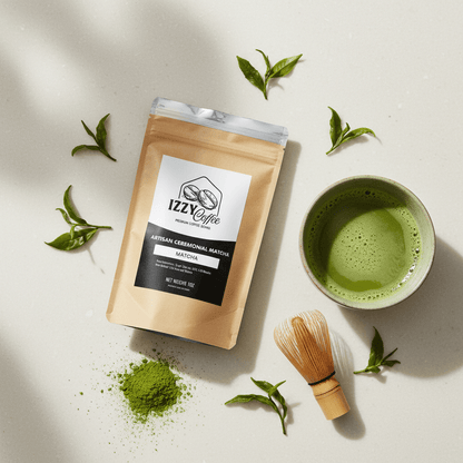 Organic Ceremonial Matcha Green Tea Powder Izzy Coffee premium matcha tea powder lifestyle image for brewing and gifting