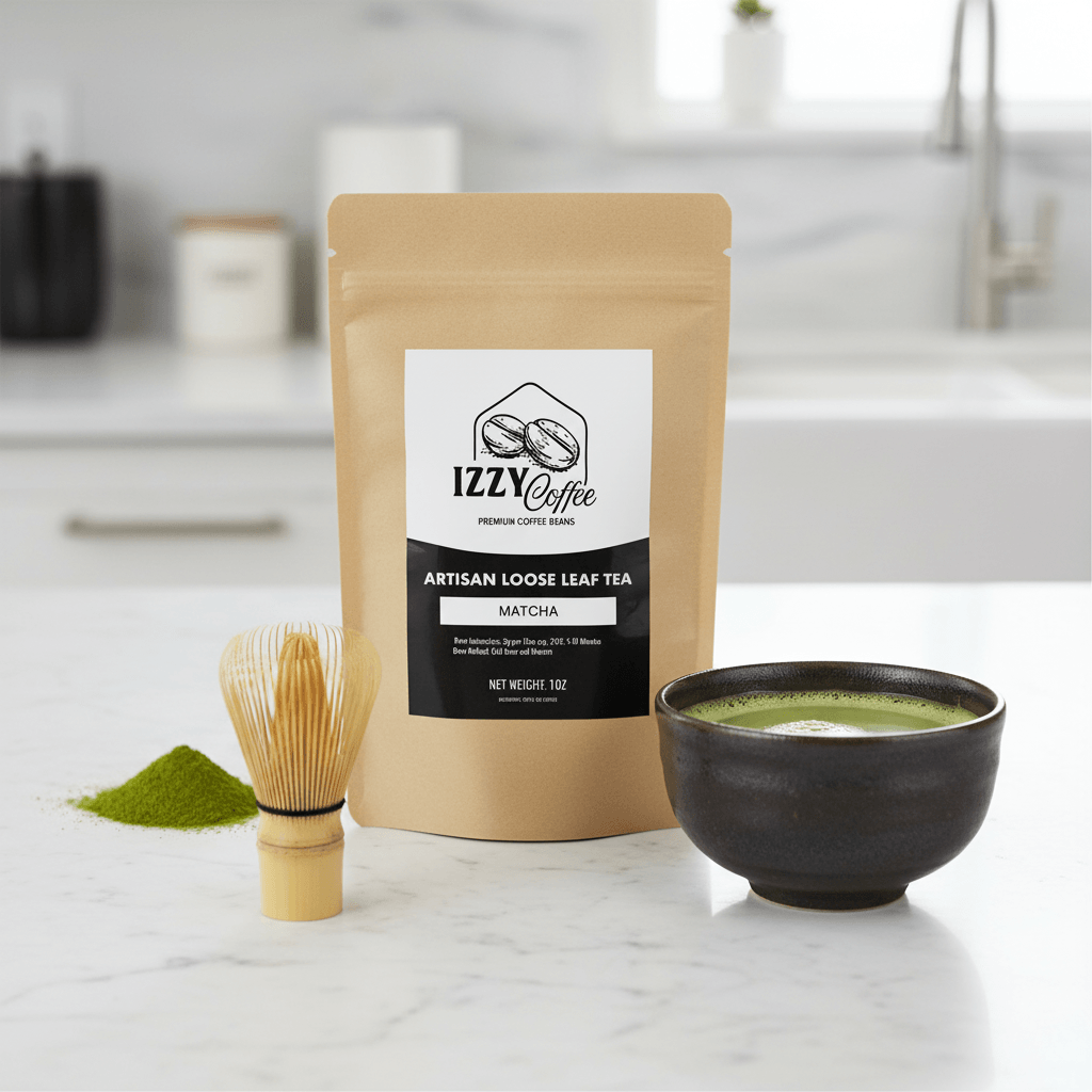 Organic Ceremonial Matcha Green Tea Powder Izzy Coffee premium matcha tea powder lifestyle image for brewing and gifting