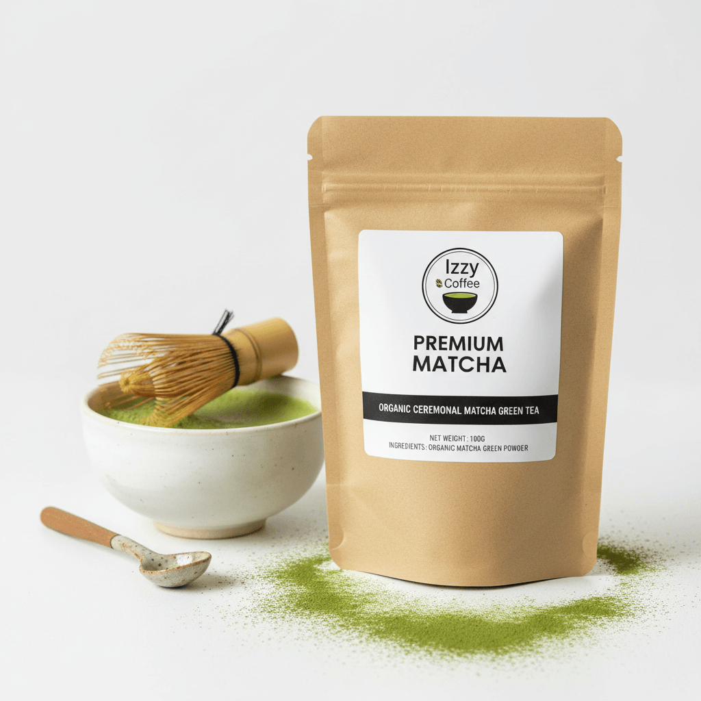 Organic Ceremonial Matcha Green Tea Powder Izzy Coffee premium matcha tea powder lifestyle image for brewing and gifting