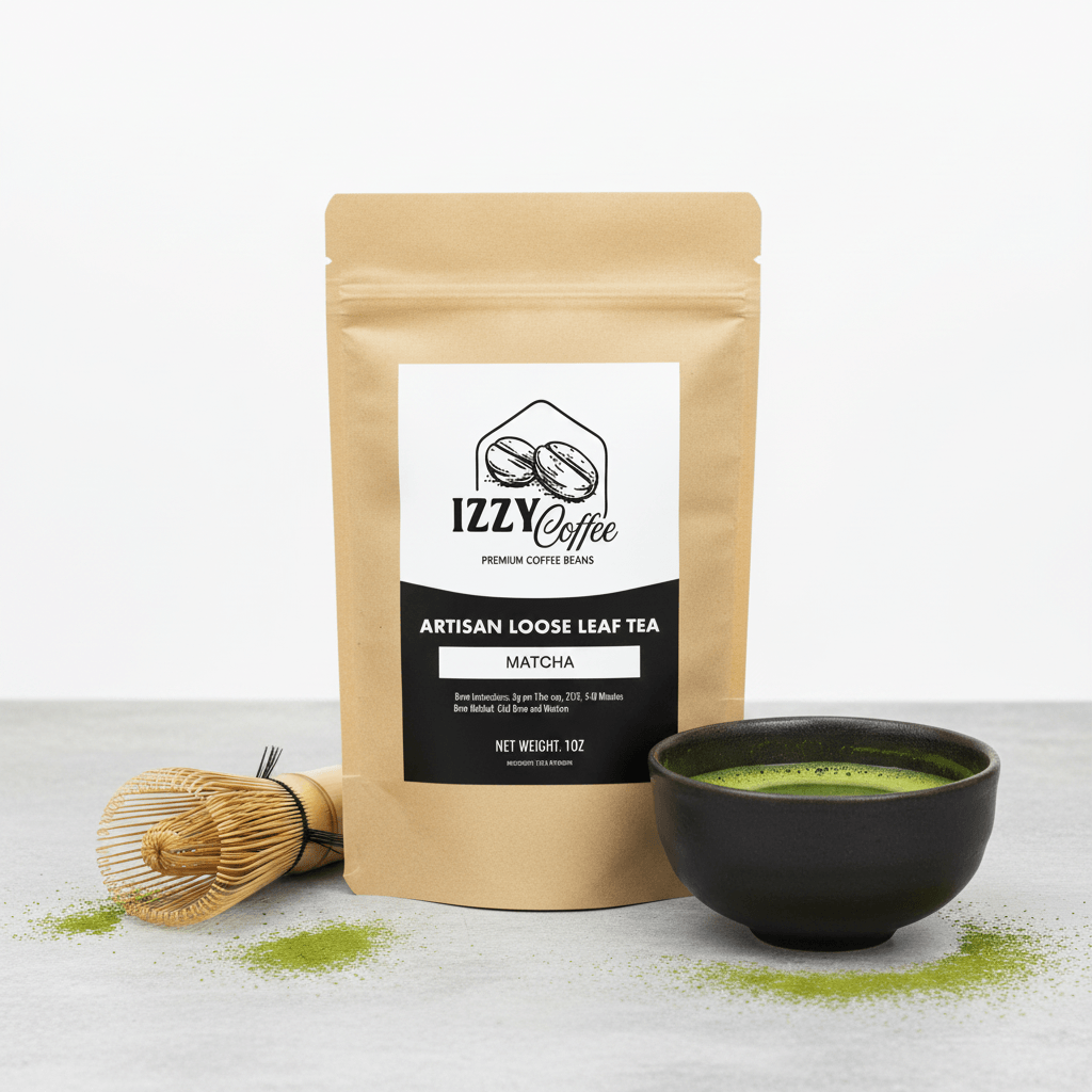Organic Ceremonial Matcha Green Tea Powder Izzy Coffee premium matcha tea powder lifestyle image for brewing and gifting