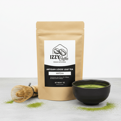 Organic Ceremonial Matcha Green Tea Powder Izzy Coffee premium matcha tea powder lifestyle image for brewing and gifting