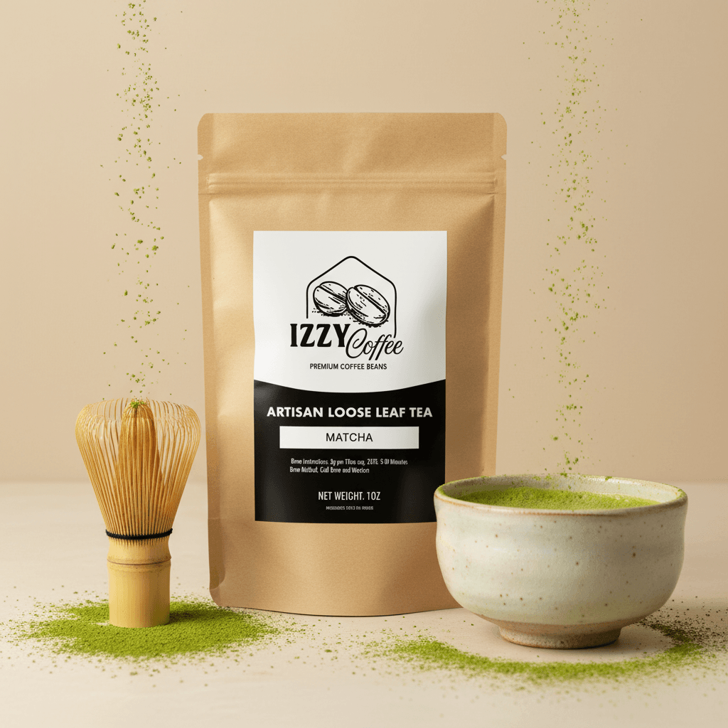 Organic Ceremonial Matcha Green Tea Powder Izzy Coffee premium matcha tea powder lifestyle image for brewing and gifting