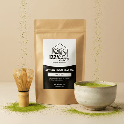 Organic Ceremonial Matcha Green Tea Powder Izzy Coffee premium matcha tea powder lifestyle image for brewing and gifting