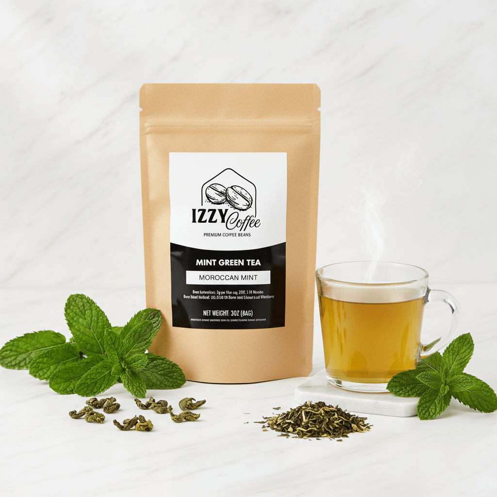 Organic Moroccan Mint Green Tea Izzy Coffee premium loose leaf tea lifestyle image for brewing and gifting