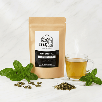 Organic Moroccan Mint Green Tea Izzy Coffee premium loose leaf tea lifestyle image for brewing and gifting