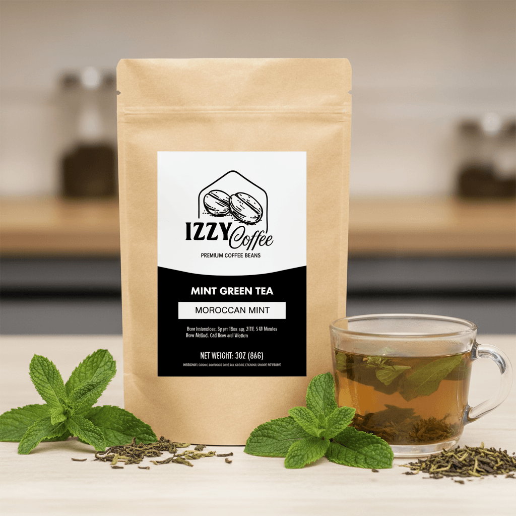 Organic Moroccan Mint Green Tea Izzy Coffee premium loose leaf tea lifestyle image for brewing and gifting