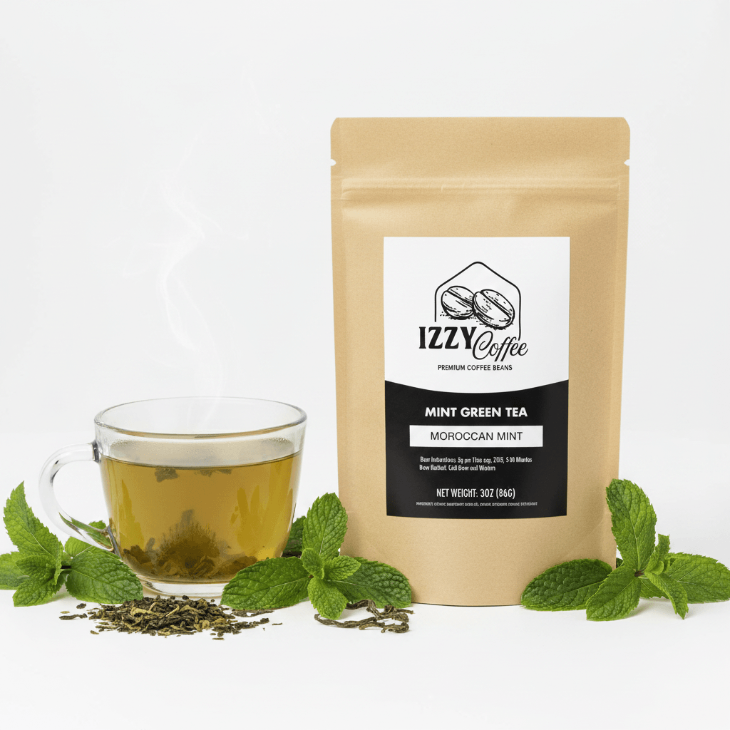 Organic Moroccan Mint Green Tea Izzy Coffee premium loose leaf tea lifestyle image for brewing and gifting