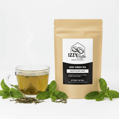 Organic Moroccan Mint Green Tea Izzy Coffee premium loose leaf tea lifestyle image for brewing and gifting