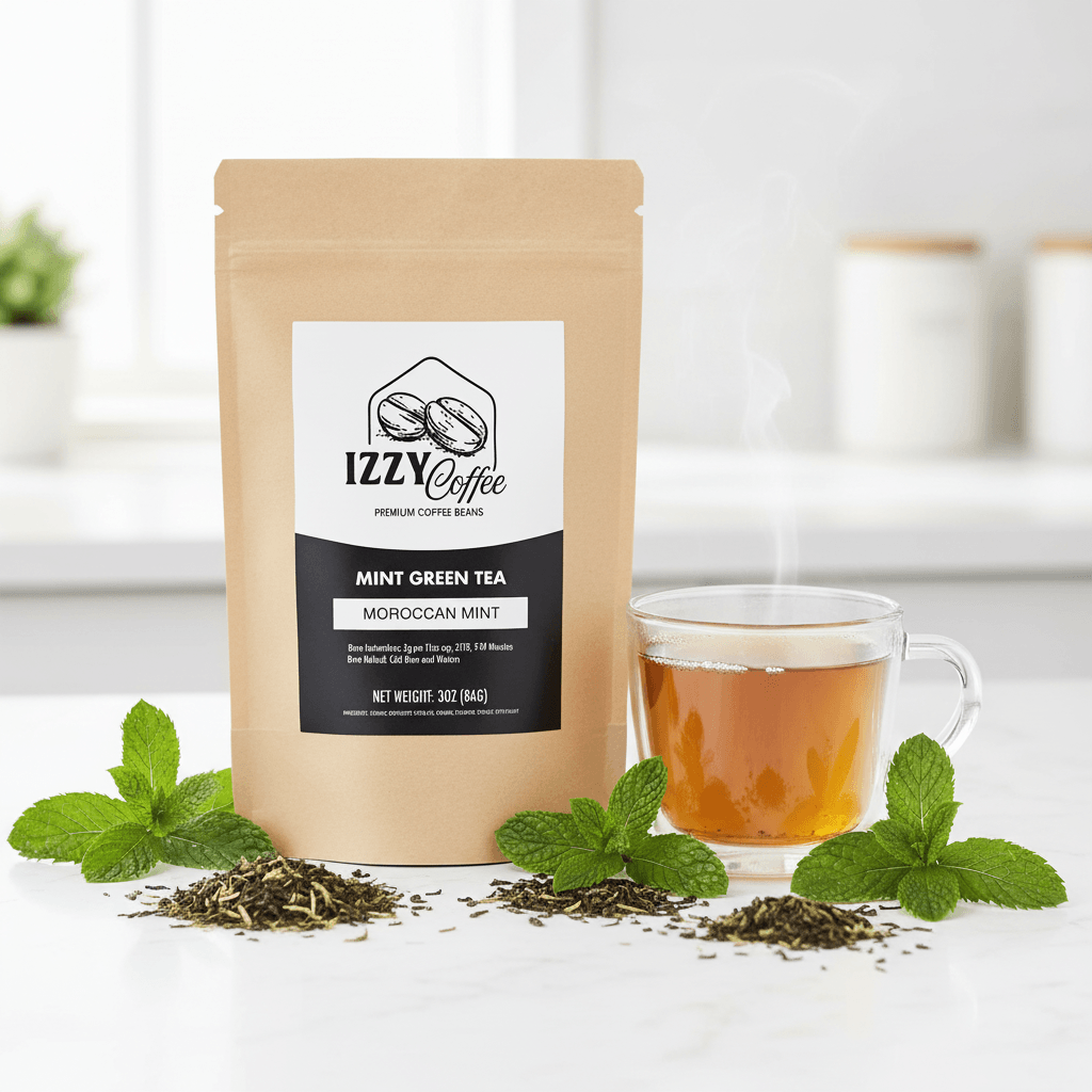 Organic Moroccan Mint Green Tea Izzy Coffee premium loose leaf tea lifestyle image for brewing and gifting