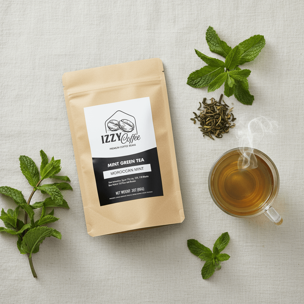 Organic Moroccan Mint Green Tea Izzy Coffee premium loose leaf tea lifestyle image for brewing and gifting