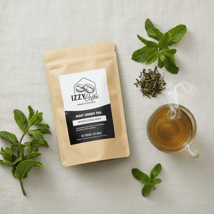 Organic Moroccan Mint Green Tea Izzy Coffee premium loose leaf tea lifestyle image for brewing and gifting