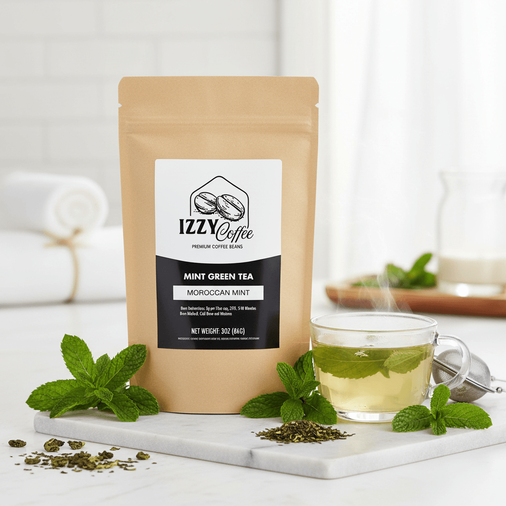 Organic Moroccan Mint Green Tea Izzy Coffee premium loose leaf tea lifestyle image for brewing and gifting