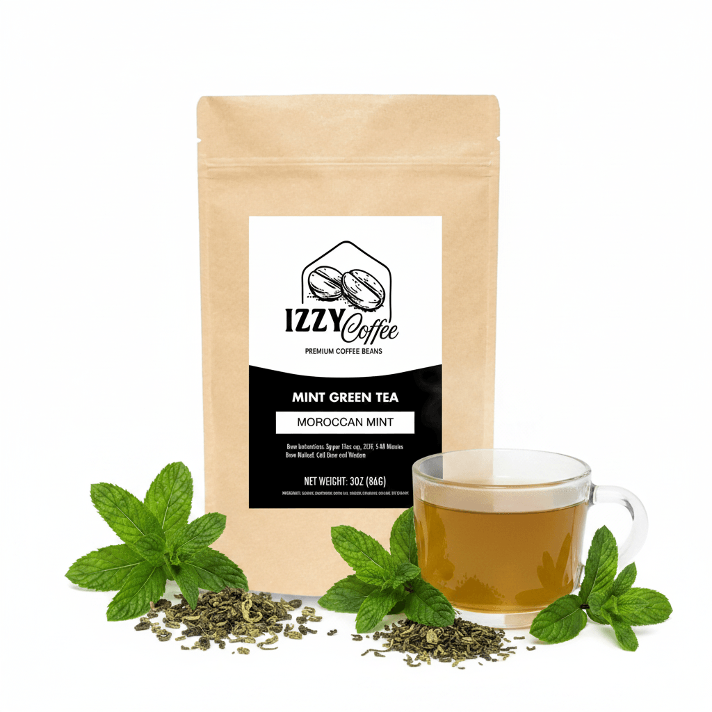 Organic Moroccan Mint Green Tea Izzy Coffee premium loose leaf tea lifestyle image for brewing and gifting