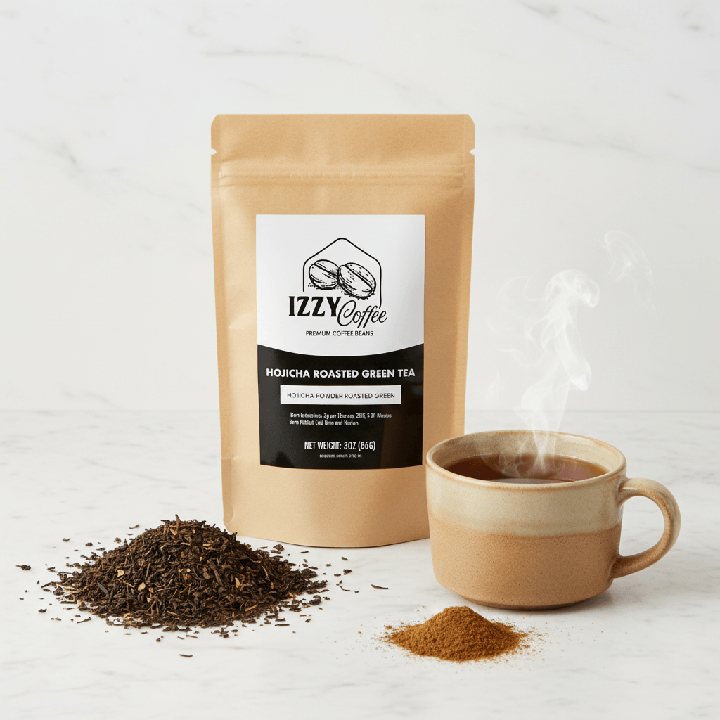 Organic Roasted Hojicha Green Tea Izzy Coffee premium loose leaf tea lifestyle image for brewing and gifting