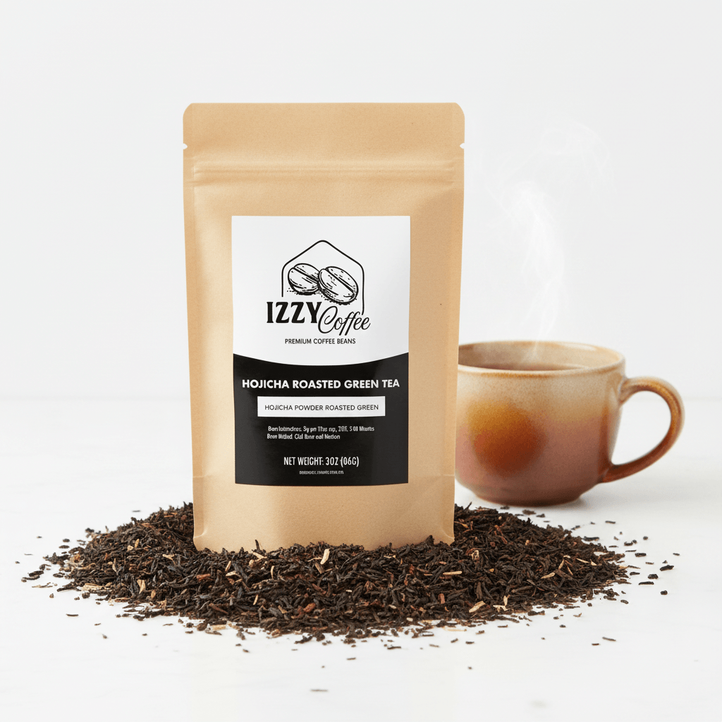 Organic Roasted Hojicha Green Tea Izzy Coffee premium loose leaf tea lifestyle image for brewing and gifting