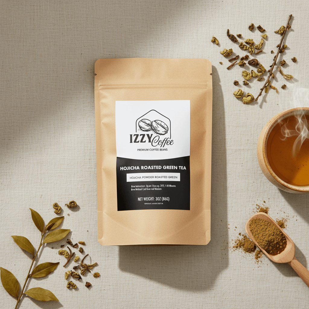 Organic Roasted Hojicha Green Tea Izzy Coffee premium loose leaf tea lifestyle image for brewing and gifting