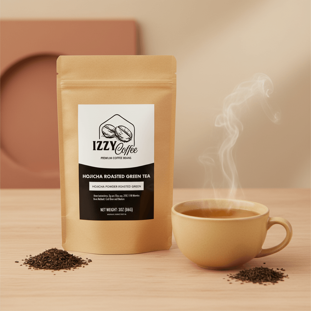 Organic Roasted Hojicha Green Tea Izzy Coffee premium loose leaf tea lifestyle image for brewing and gifting