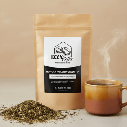 Organic Roasted Hojicha Green Tea Izzy Coffee premium loose leaf tea lifestyle image for brewing and gifting