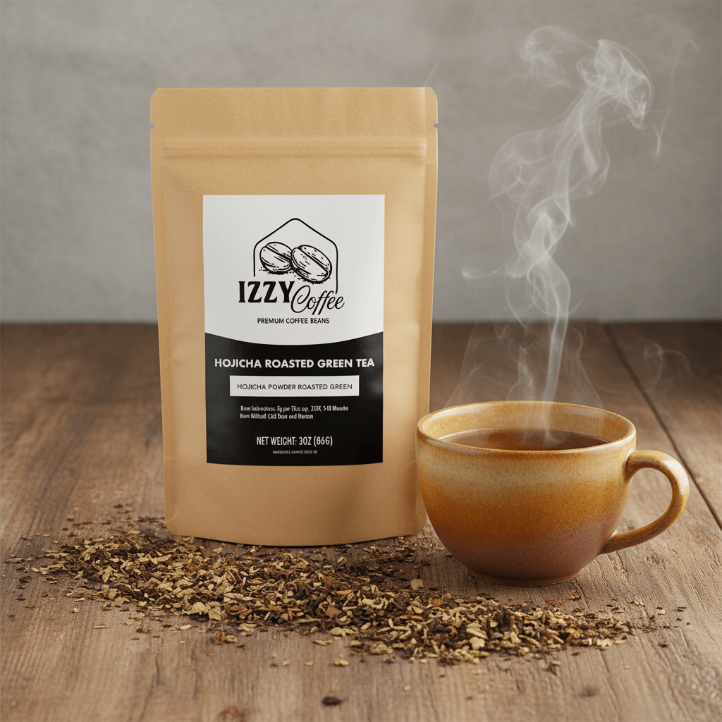 Organic Roasted Hojicha Green Tea Izzy Coffee premium loose leaf tea lifestyle image for brewing and gifting