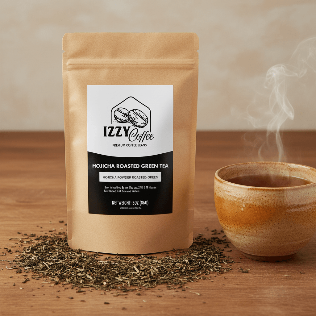 Organic Roasted Hojicha Green Tea Izzy Coffee premium loose leaf tea lifestyle image for brewing and gifting