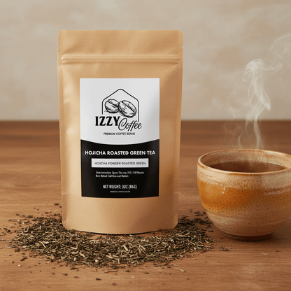 Organic Roasted Hojicha Green Tea Izzy Coffee premium loose leaf tea lifestyle image for brewing and gifting