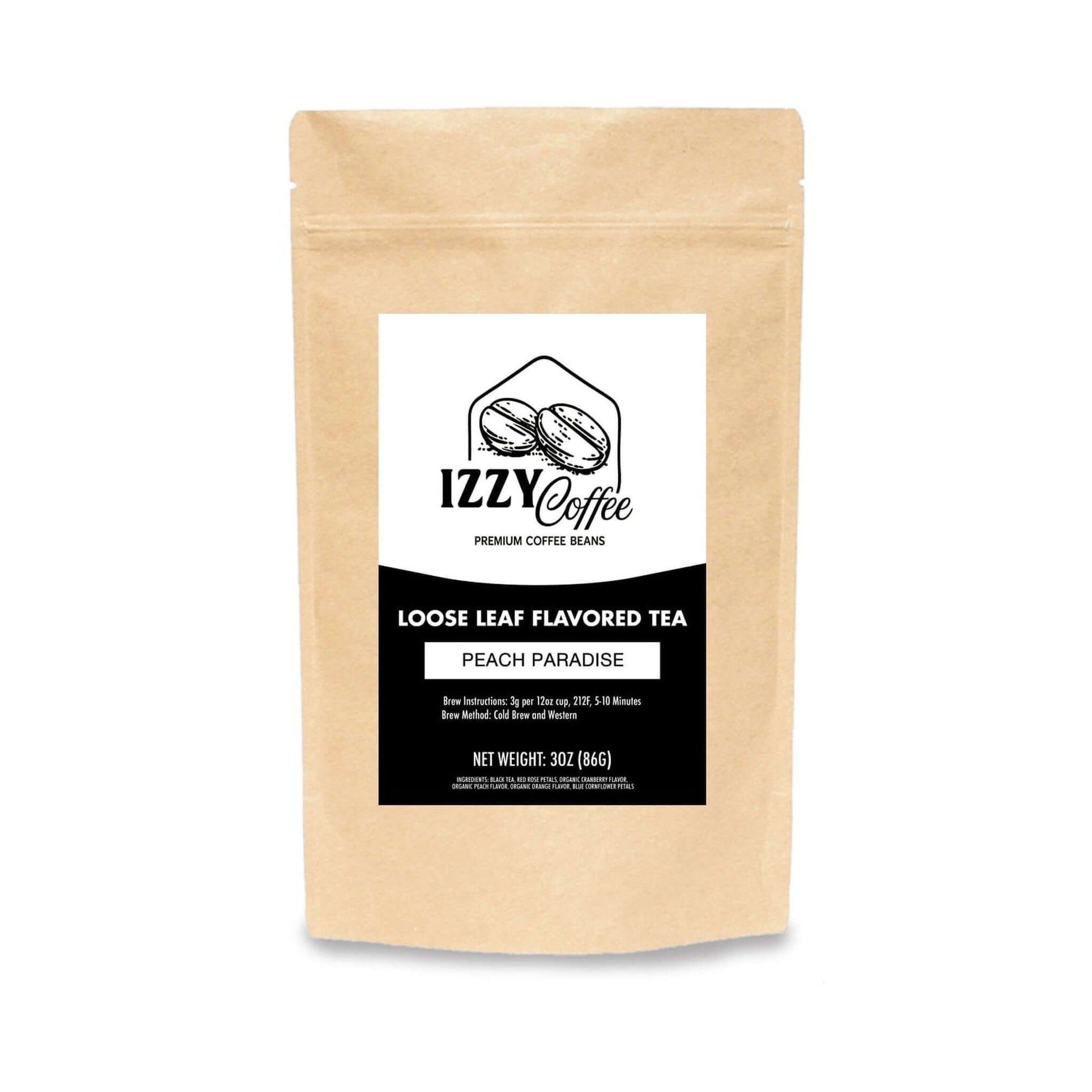 Peach Herbal Tea Izzy Coffee product packaging with clear label for online shopping