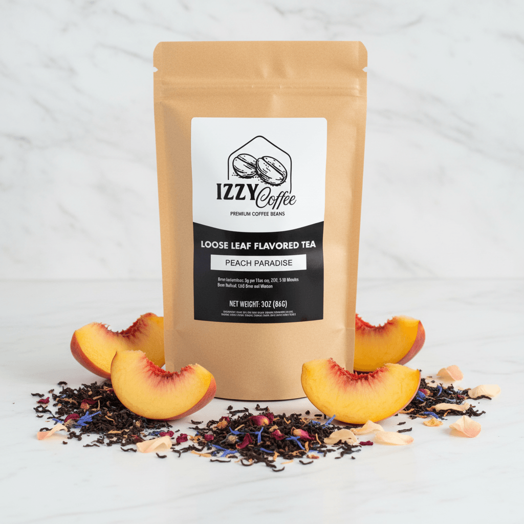 Peach Herbal Tea Izzy Coffee premium loose leaf tea lifestyle image for brewing and gifting