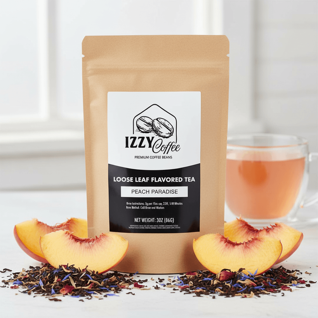 Peach Herbal Tea Izzy Coffee premium loose leaf tea lifestyle image for brewing and gifting