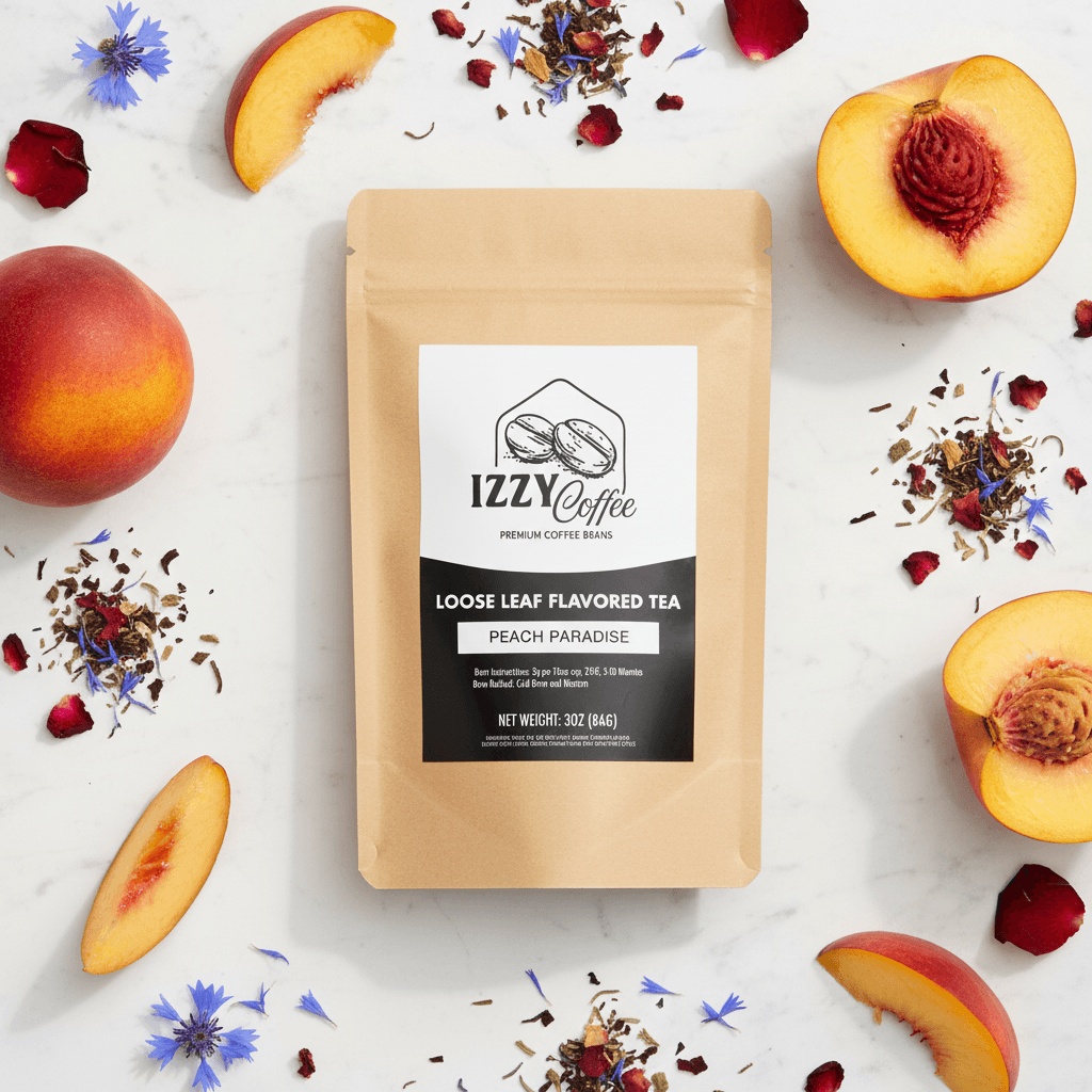 Peach Herbal Tea Izzy Coffee premium loose leaf tea lifestyle image for brewing and gifting