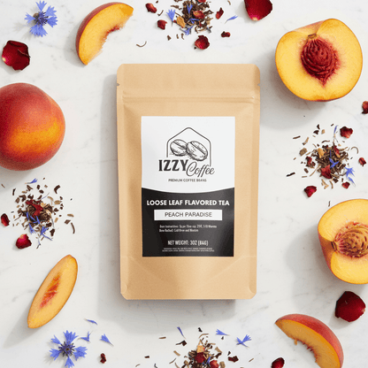Peach Herbal Tea Izzy Coffee premium loose leaf tea lifestyle image for brewing and gifting