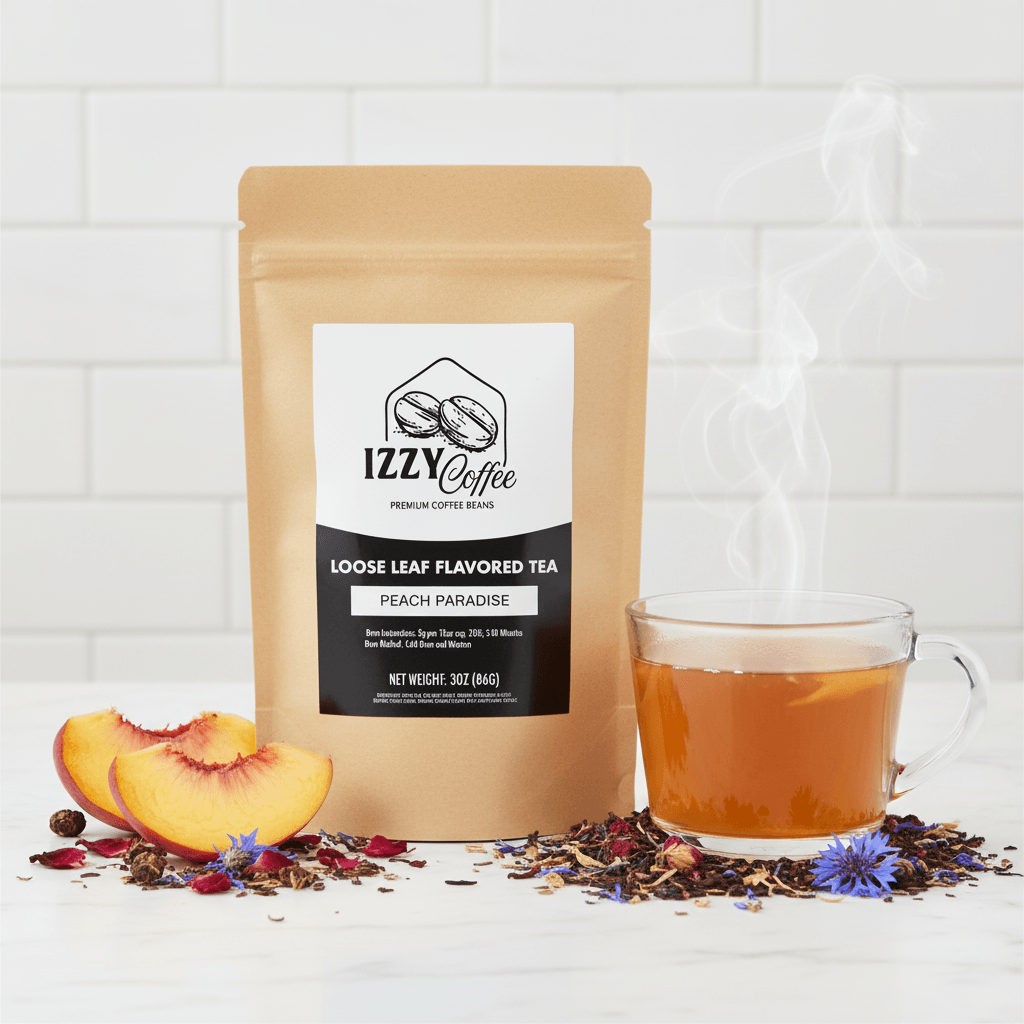 Peach Herbal Tea Izzy Coffee premium loose leaf tea lifestyle image for brewing and gifting