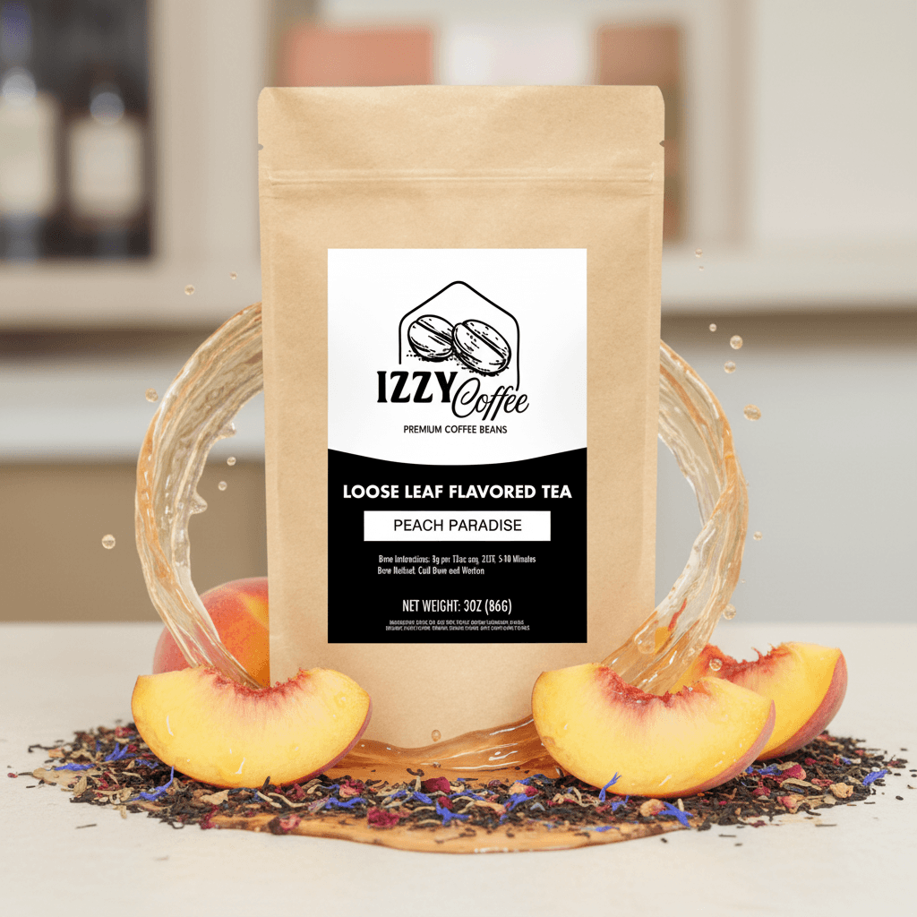 Peach Herbal Tea Izzy Coffee premium loose leaf tea lifestyle image for brewing and gifting