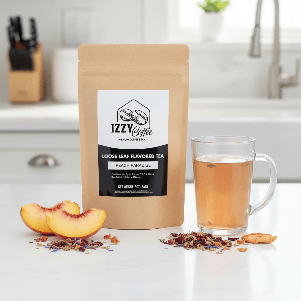 Peach Herbal Tea Izzy Coffee premium loose leaf tea lifestyle image for brewing and gifting