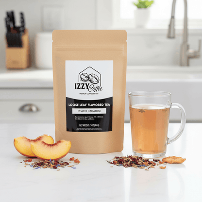 Peach Herbal Tea Izzy Coffee premium loose leaf tea lifestyle image for brewing and gifting