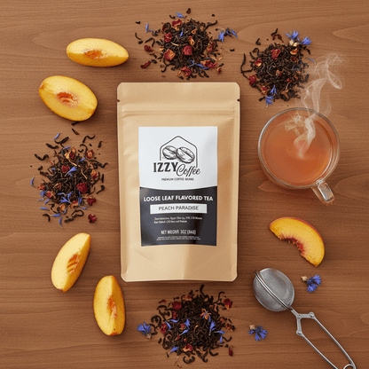 Peach Herbal Tea Izzy Coffee premium loose leaf tea lifestyle image for brewing and gifting